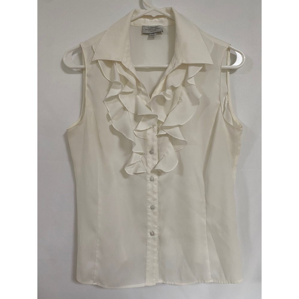 Tahari Ivory Ruffle Sleeveless Blouse Top Button Down Collared Petite Sz‎ PS